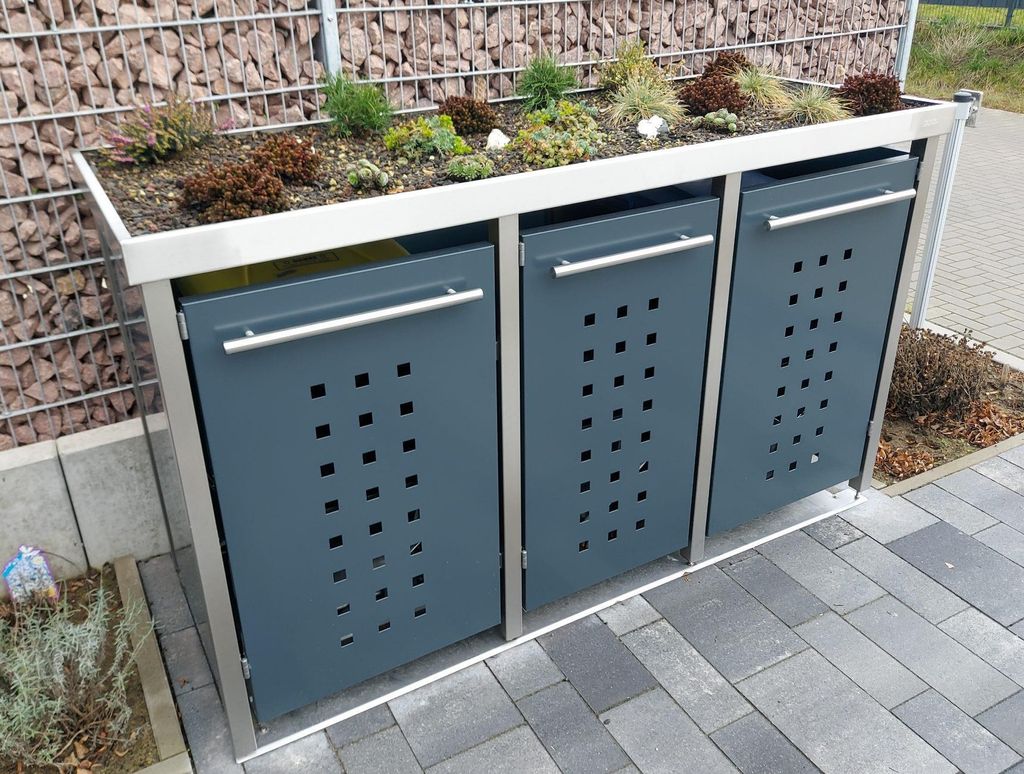 reinkeDESIGN | Mülltonnen-Box 2x240 & 1x120L | Typ_M | Bepflanzbar, Pfosten aus V2A, Fronten in Anthrazit | für Vermieter, eigene Produktion