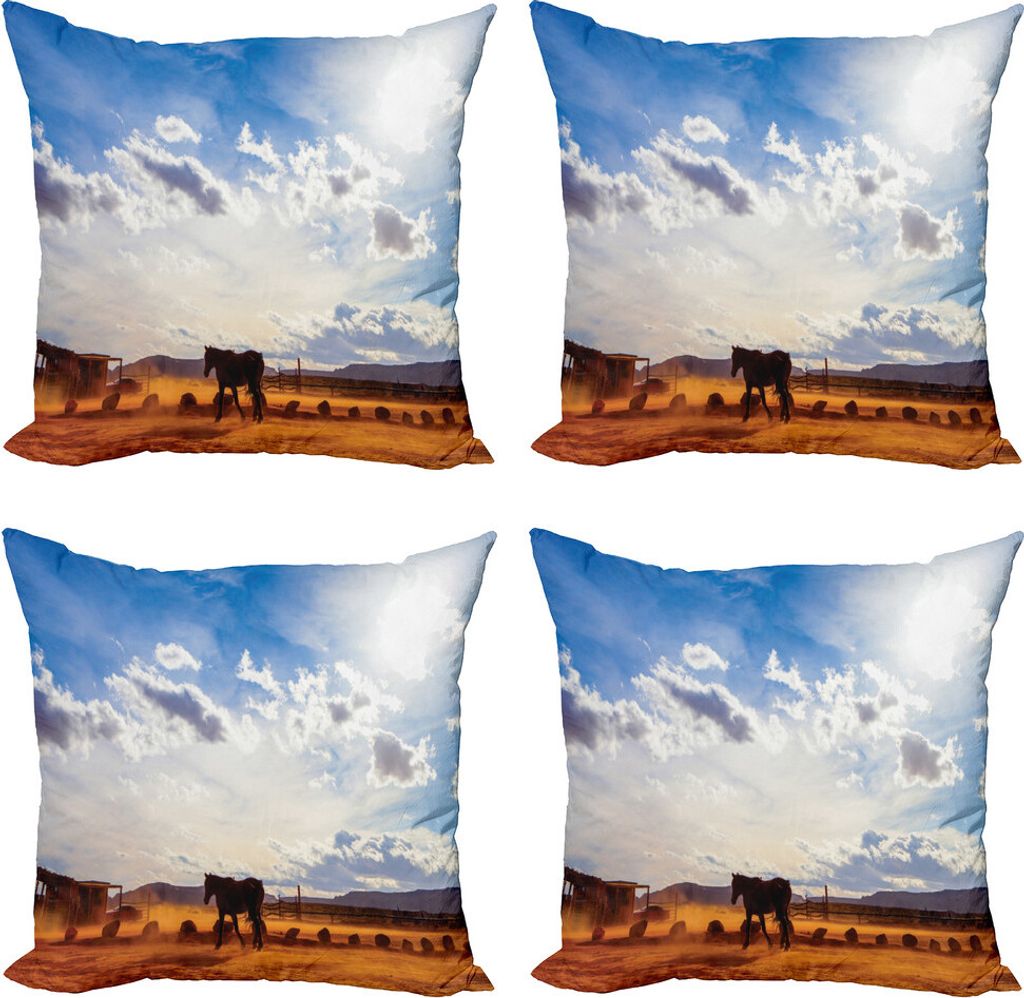 ABAKUHAUS Western Kissenbezug Set (4 Stück), Horse Valley Sky View, Moderner Doppelseitiger Digitaldruck, 50 cm x 50 cm, Creme Blau