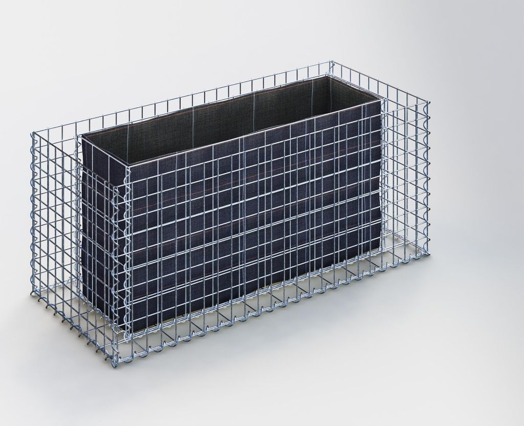 A rectangular gabion planter box with a dark inner liner, shown on a plain background.