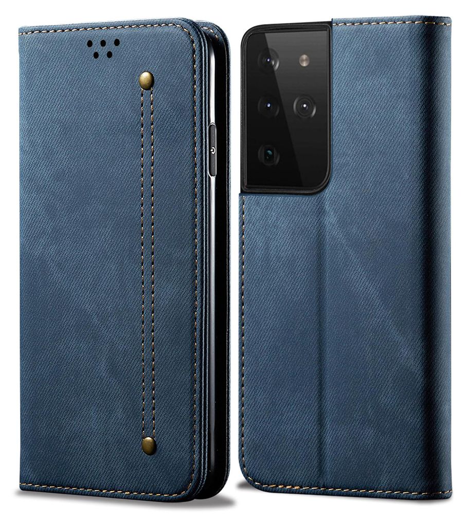 A blue flip-style phone case for a Samsung Galaxy S21 Ultra 5G, shown from the front and side.