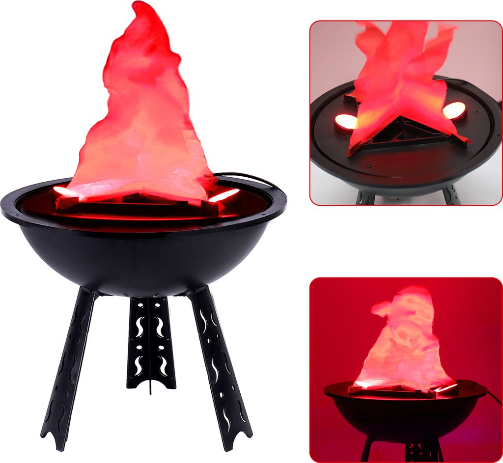 A decorative LED flame light designed to look like a campfire or grill, displayed on a white background with inset images showing details.