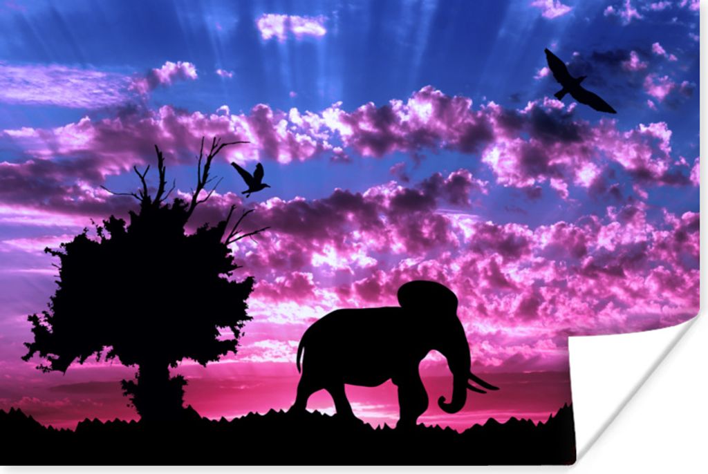 MuchoWow Poster Elefant - Vogel - Baum 120x80 cm - Bilder