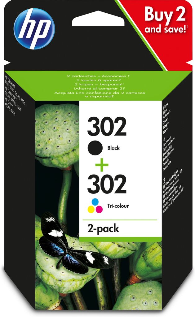 A product package for HP 302 ink cartridges, featuring an image of lotus seed pods and a butterfly.