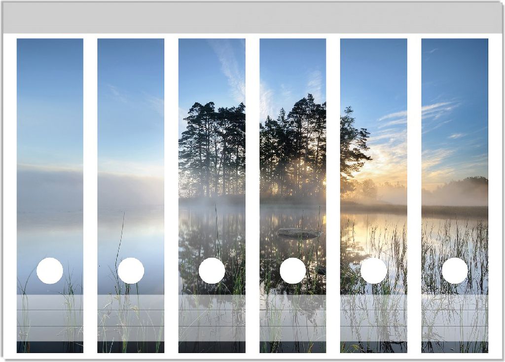 Wallario Ordnerrücken Sticker, selbstklebend für breite Ordner, 6 Stück, Motiv Stiller See mit Insel im Morgennebel