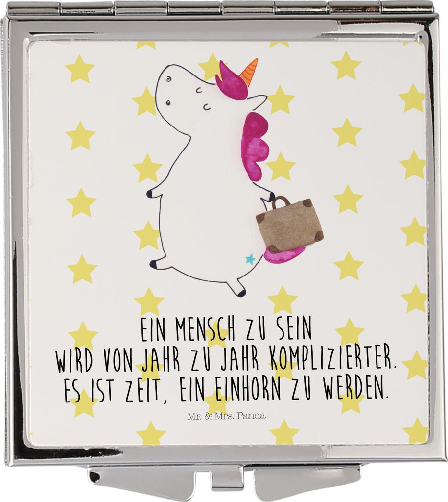 Mr. & Mrs. Panda Frauen Spiegel Einhorn Koffer - Weiß - Geschenk, Kleiner, Schminkspiegel, Handspiegel, Kosmetikspiegel klappbar, Lustig, Klappspi...