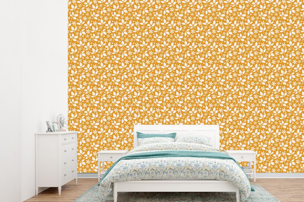 MuchoWow Fototapete für Wohnzimmer oder Schlafzimmer Wandtapete Vinyl Motivtapete Muster - Blätter - Blumen - 360x260 cm - Wohnzimmer tapete