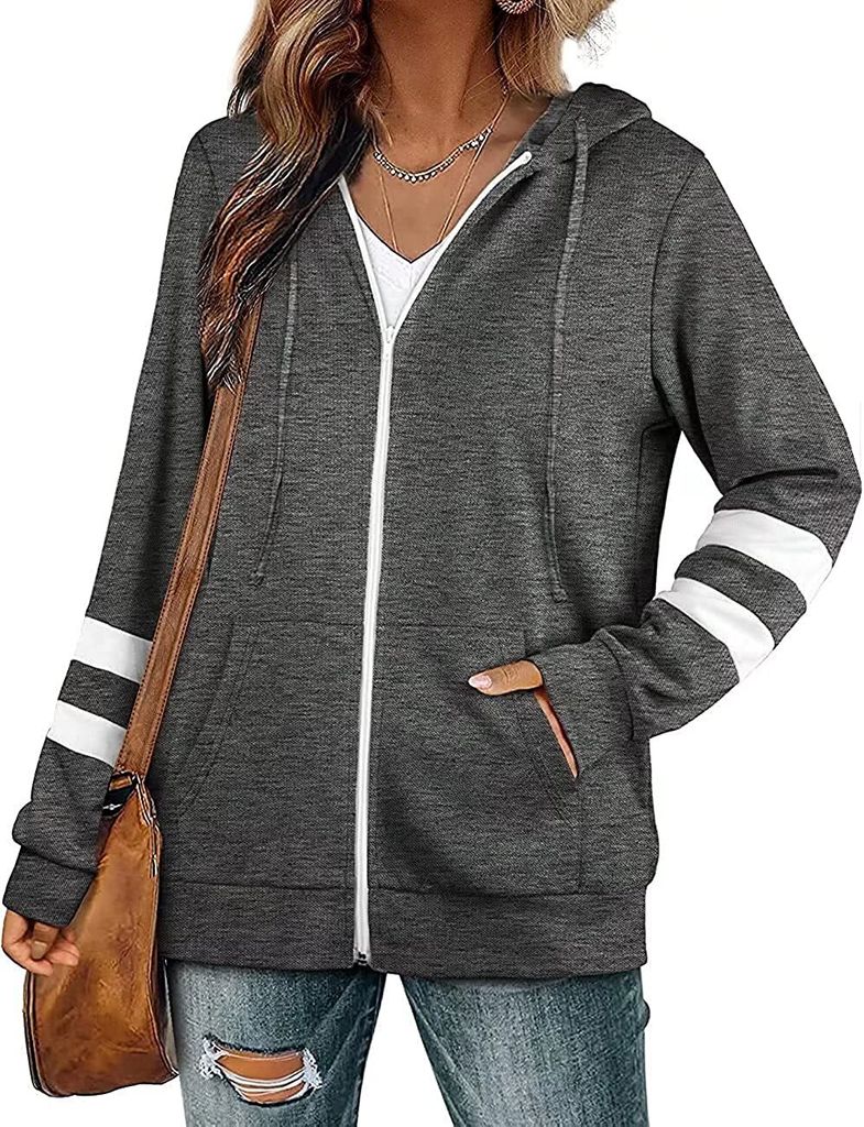 ASKSA Damen Kapuzenpullover Sweatjacke Kordelzug Full Zip Langarm Streifen mit Taschen, Dunkelgrau, XXL