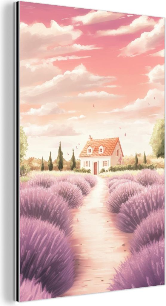 MuchoWow Wanddekoration Metall Metallbild Wandkunst 60x90 cm Lavendelfeld - Haus - Lila MuchoWow Aluminium Gemälde - Wandbilder - Aluminium