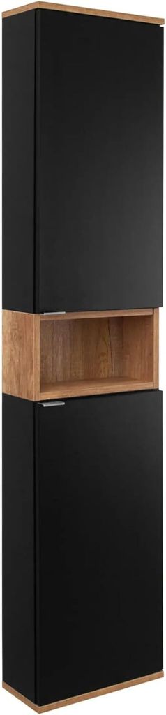 VBChome Hochschrank 35 cm Schwarz Holzfarbe mit verstellbaren Regalen und offener Ablage – Praktische Aufbewahrung für Ihr Badezimmer