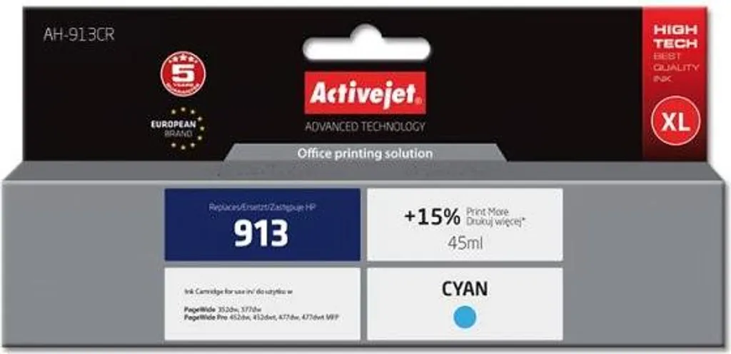 Pack Encre Cyan AH-913CR Activejet pour HP 913 F6T77AE Impression Pro