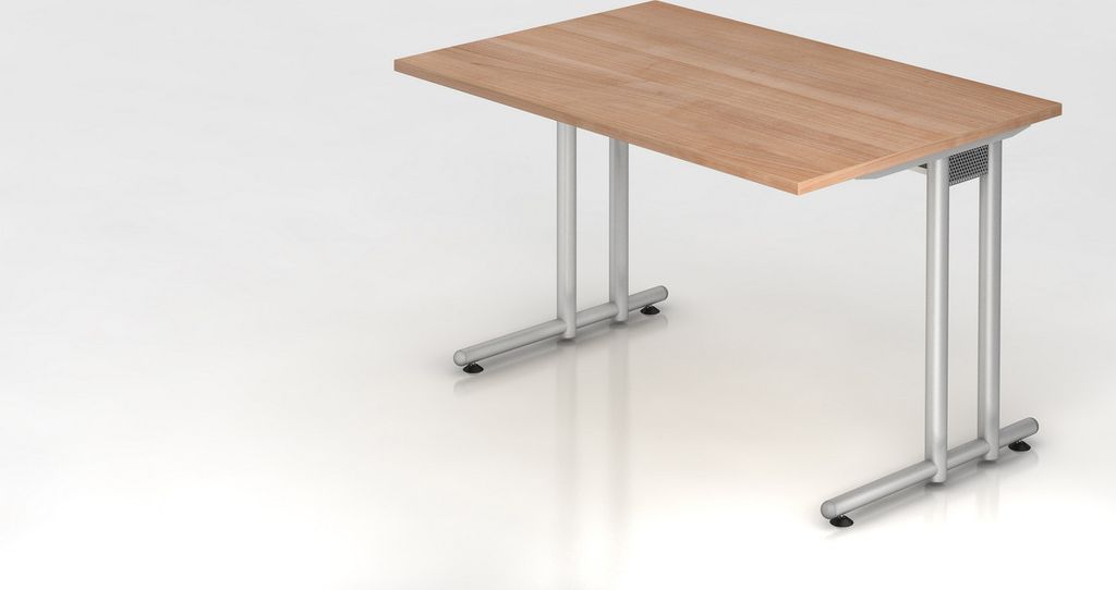 Schreibtisch Mauno | Nussbaum | BxT 120x80cm | Arbeitshöhe 72cm | höhenjustierbar 0-10 mm | C-Fuß-Gestell Silber | Rechteckform