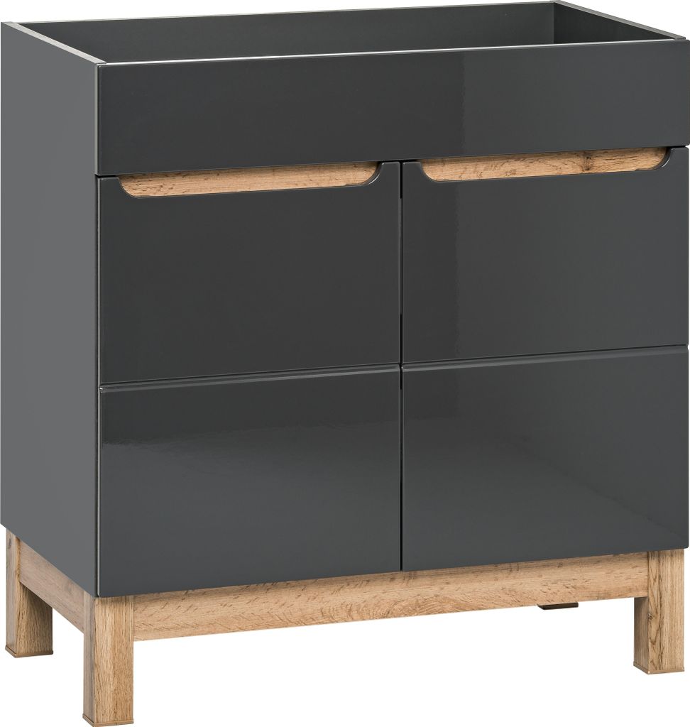 Badezimmerschrank 60 Cm, Grau Glänzend, Eiche, 2 Türen, Für Waschbecken, Stehend