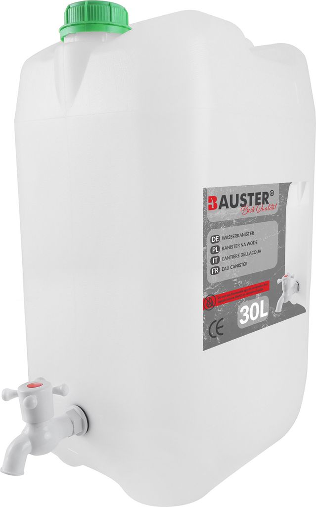 BAUSTER Wasserkanister 30L mit Hahn Kunststoffwasserkanister, Trinkwasserkanister, Handwaschwasser, Wasserkanister mit Hahn für Camping, vertikal