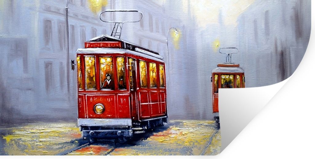 MuchoWow Wandtattoo Wandsticker Wandaufkleber Gemälde - Straßenbahn - Stadt - Öl 80x40 cm Selbstklebend und Repositionierbar - Aufkleber