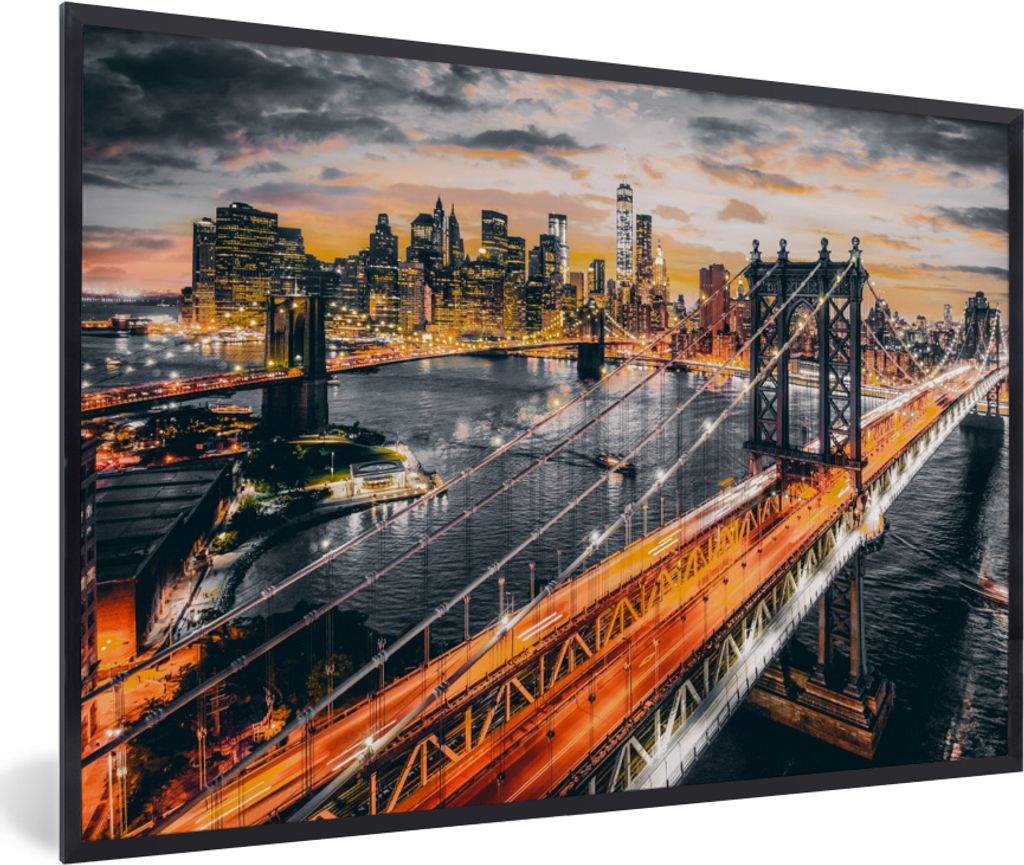 MuchoWow MuchoWow Gerahmtes Poster New York - Sonnenuntergang - Orange 90x60 cm - Poster mit zchwarzem Bilderrahmen - Fotorahmen - Foto-Plakat
