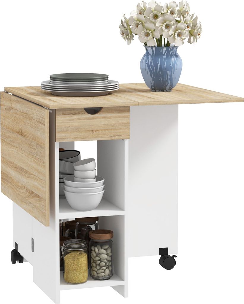 HOMCOM Klappbarer Esstisch, ausziehbarer Küchentisch für 2 bis 4 Personen, mit 2 Klappplatten, für kleine Räume, rechteckig, modernes Design, E...