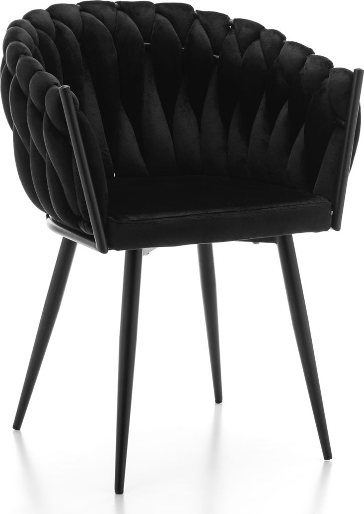 A black velvet chair with a braided backrest and black metal legs, shown in a studio setting against a white background.