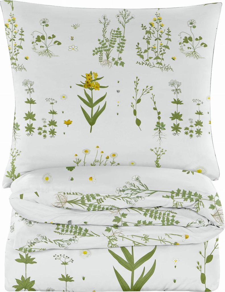 A folded duvet and pillow set with a floral pattern.