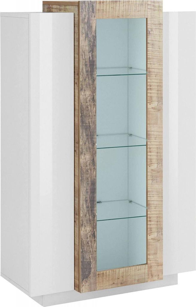Vitrine Dfrutt, Sideboard mit drei Türen, Mehrzweck-Wohnzimmermöbel, 100% Italy, cm 80x38h121, Weiß glänzend und Ahorn