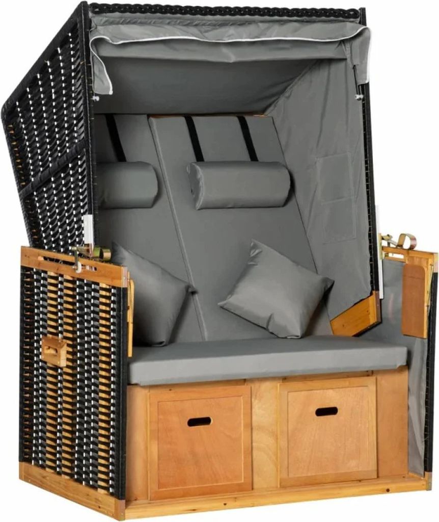 PureHaven Strandkorb 118x79x150 cm für 2 Personen elegantes Design mit Rücken- und Sitzkissen verstellbare Rückenlehne Klapptische und Fußstüt...