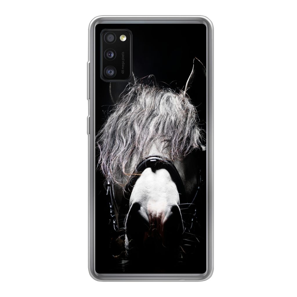 MuchoWow Handyhülle Schutzhülle Hülle für Samsung Galaxy A41 Pferd - Porträt - Schwarz - Weiß Silikon Softcase Handy Hülle - Mobiltelefon