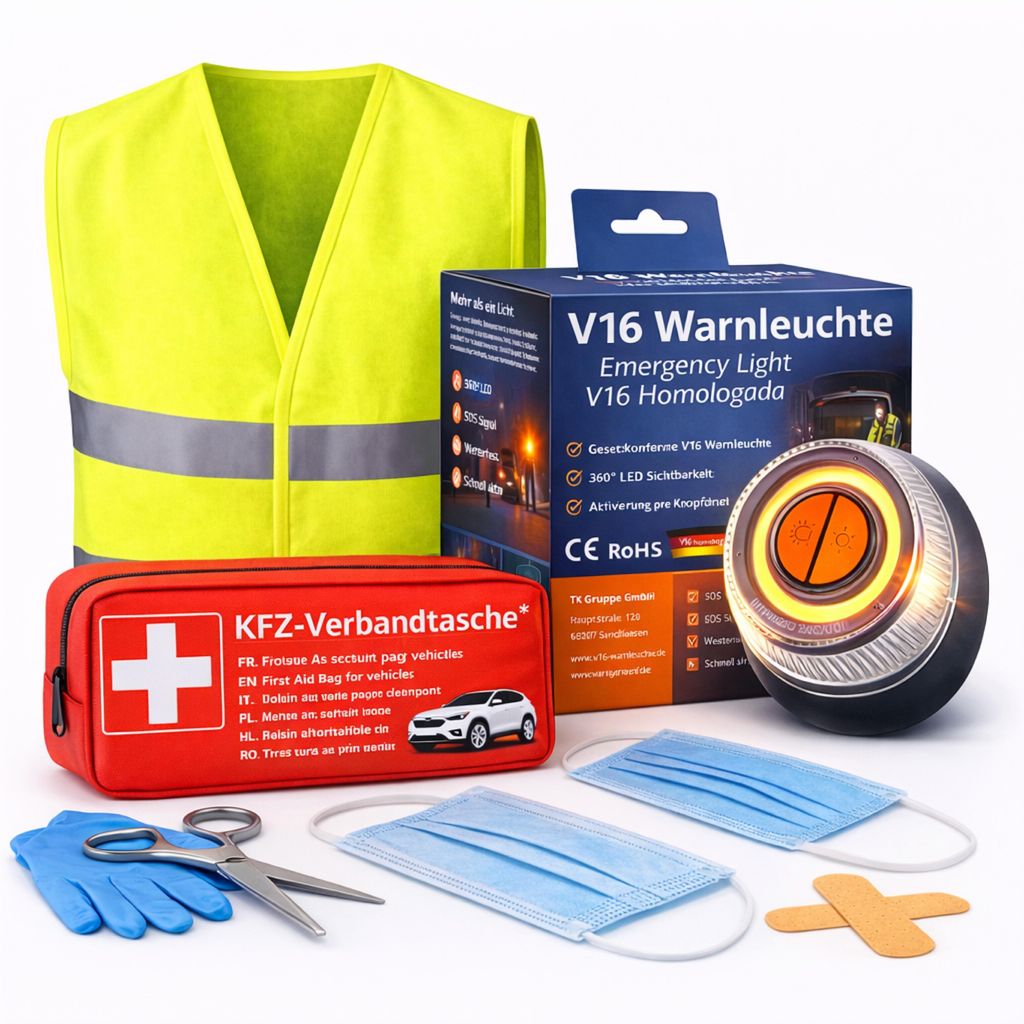 Set 3 in 1 - Warnleuchte V16 - Warnweste & Verbandskasten - Notlicht IDIADA Zulassung Nr. PC21020060 - Warndreieck - Pannendreieck - für Kfz