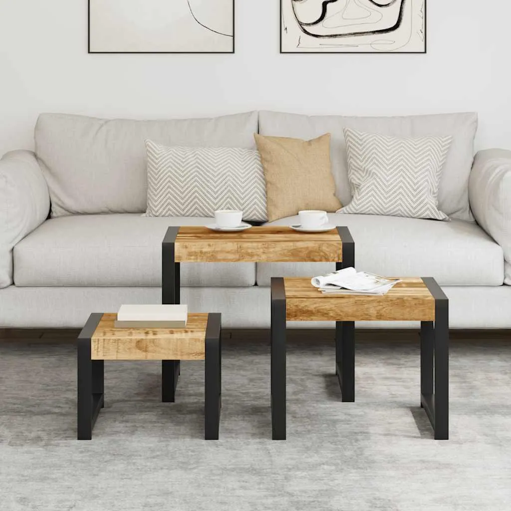 vidaXL Tables d'ensemble 3 pcs en Bois de Manguier Massif Naturel - 2
