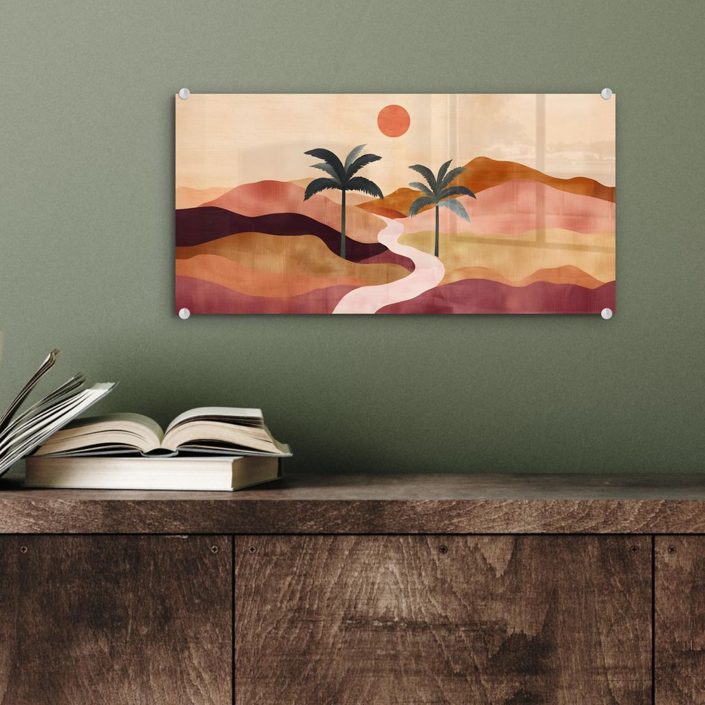 MuchoWow Glasbilder - Bilder auf Wandbild - Foto auf Glas Hügel - Palmen - Abstrakt 40x20 cm Wanddekoration aus Glas - Acrylglasbild - Acrylbilder...