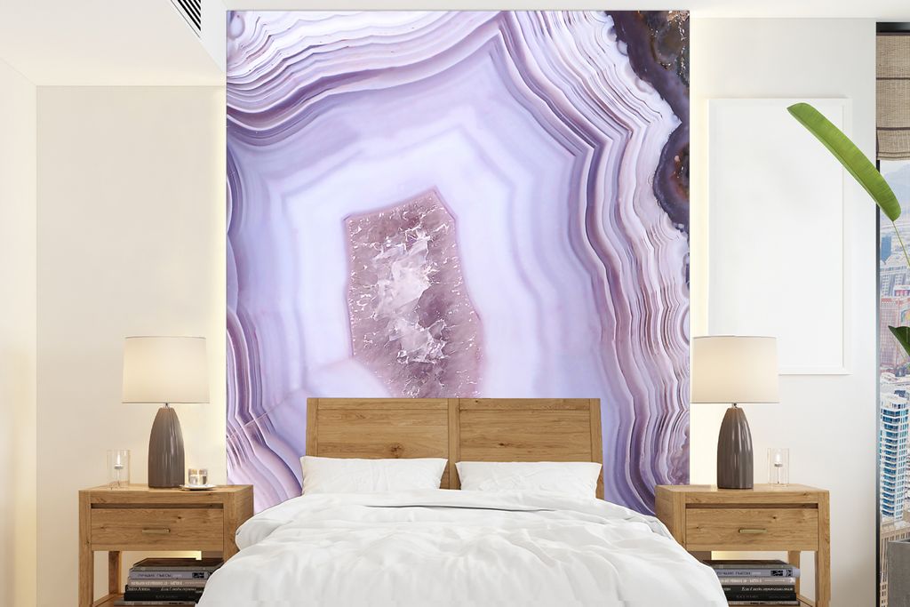 MuchoWow Fototapete für Wohnzimmer oder Schlafzimmer Wandtapete Vinyl Motivtapete Abstrakt - Geode - Rosa - Edelstein - 160x220 cm - Bildschirmh...