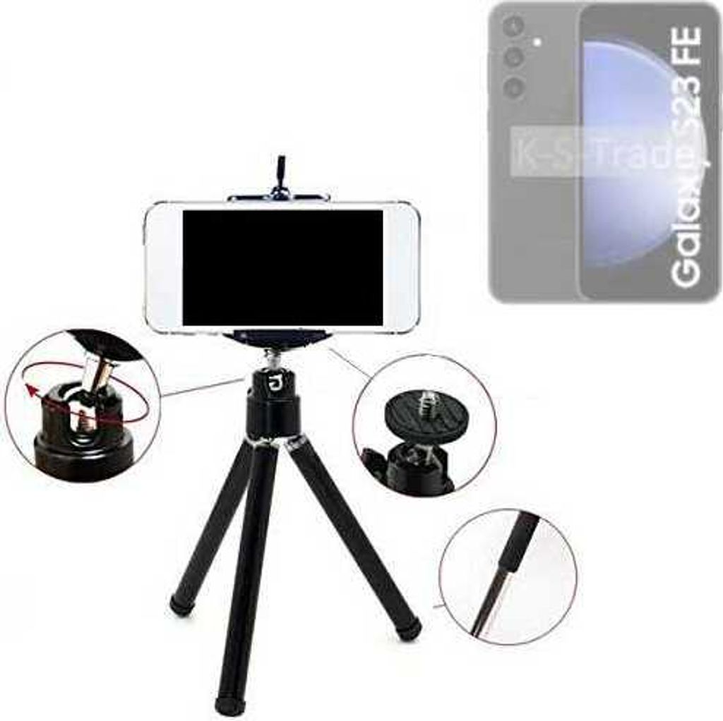 K-S-Trade Smartphone Stativ Dreibein kompatibel mit Samsung Galaxy S23 FE Tripod aus Aluminium Klemmstativ Stativ Adapter für Mobiltelefone schwarz