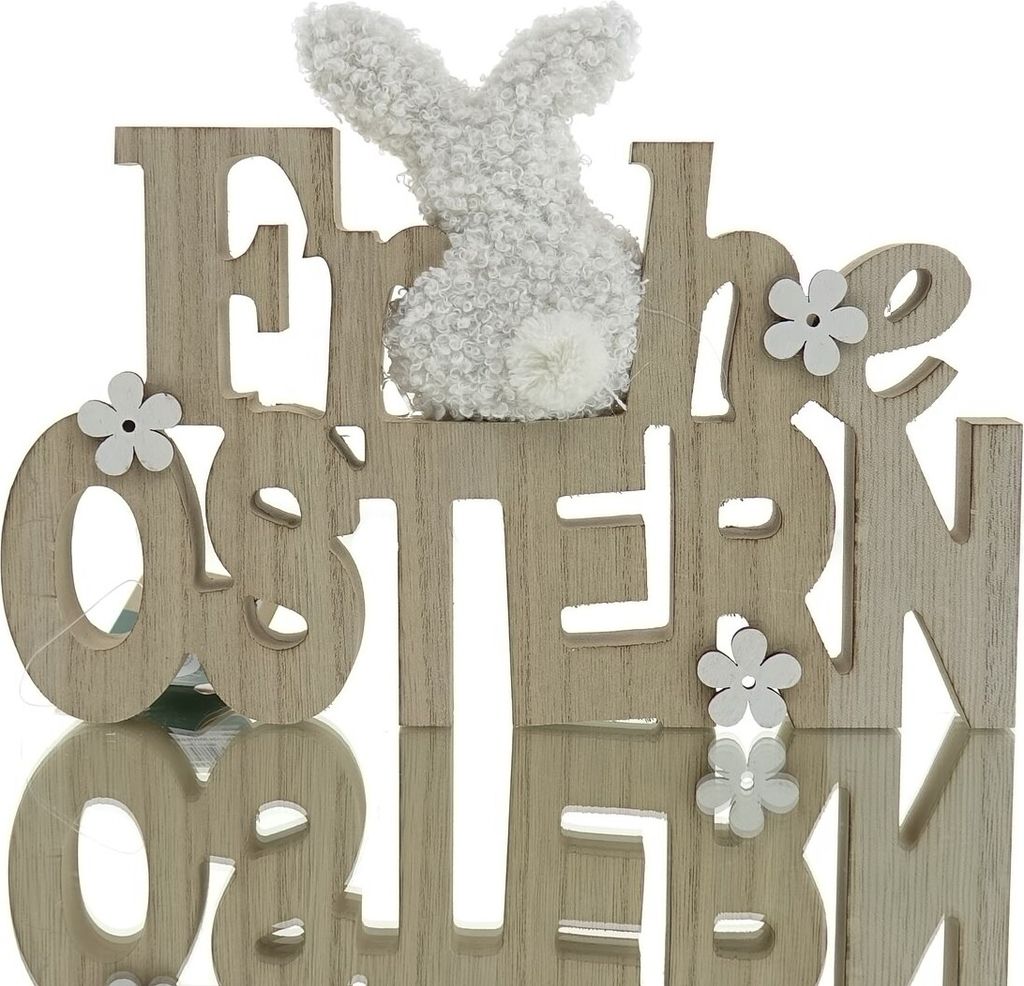 Kaemingk Schriftzug Frohe Ostern mit Plüschhasen Wollweiß - Holz