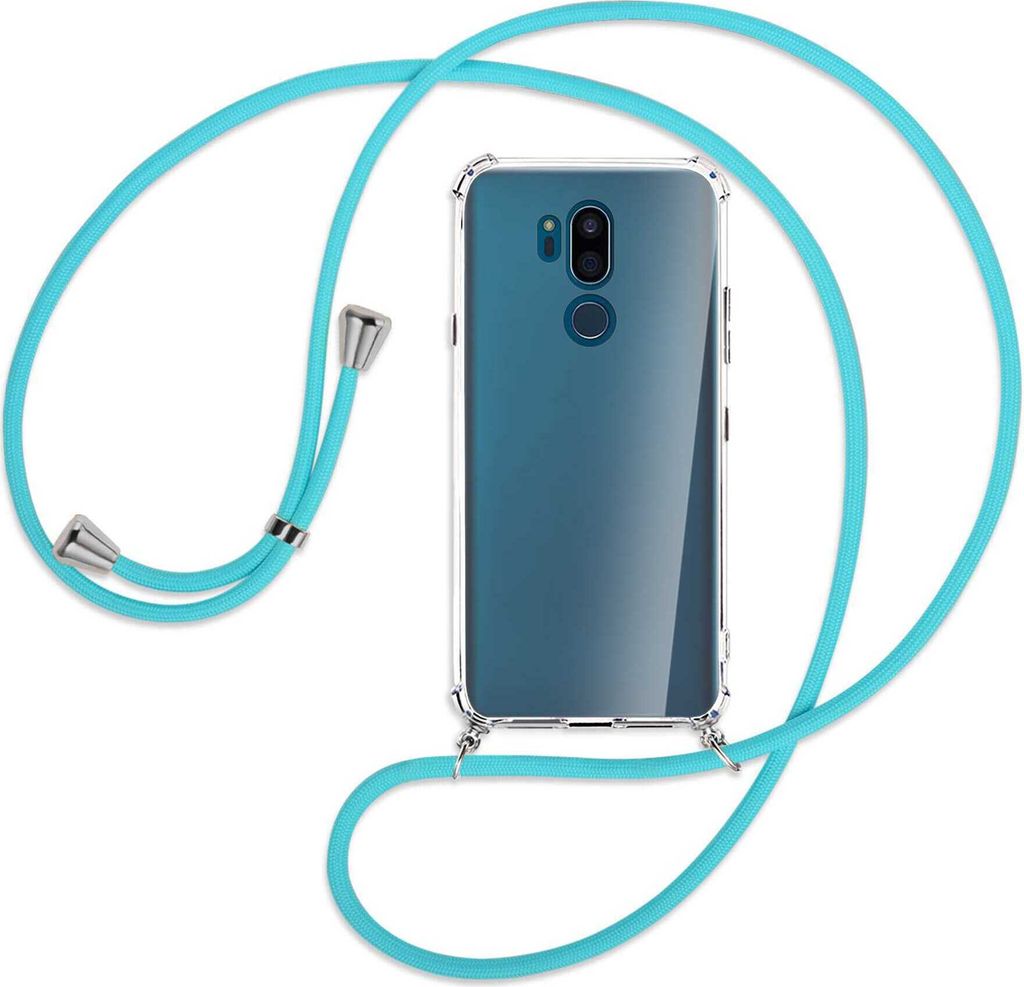 Handykette Backcover-Schutzhülle mit Band (Metall silberfarben) für LG G7 ThinQ, LG G7+ (G710EM) - türkis