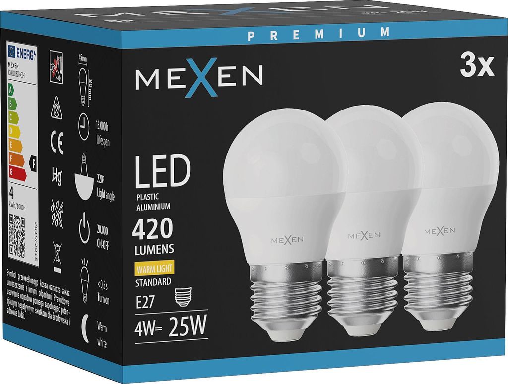 Mexen Nova 3x LED-Glühbirne E27, G45, 4W, Warm - 3000K, 420 lm - L101-E27-0430-01x03