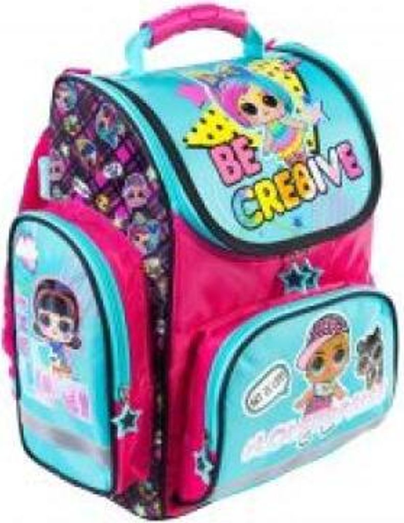 A pink and teal backpack with cartoon characters and text.