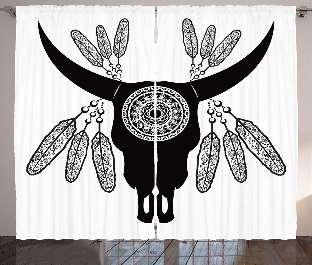Paire de rideaux occultants gris motif crâne aztèque pour chambre 280x225