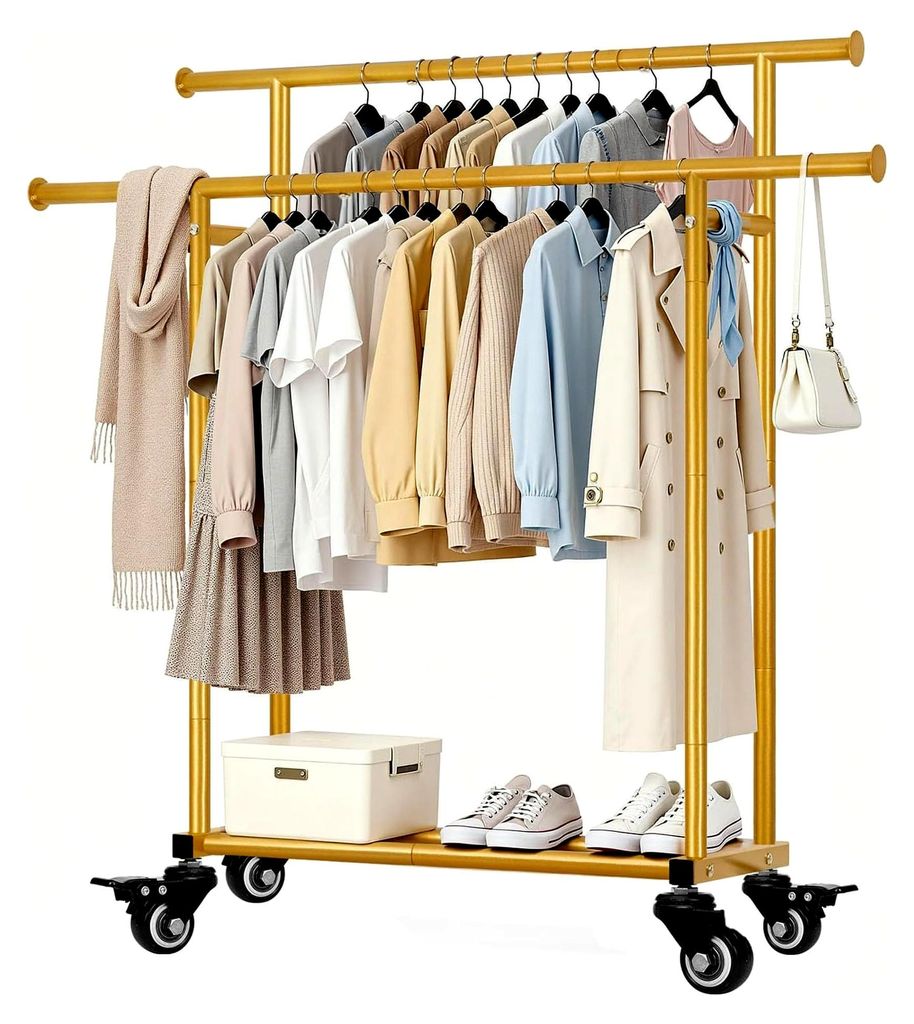 Mobiler Kleiderständer mit Rollen, 2 Kleiderstangen und Ablage, stabil bis 95kg, Leichtlaufrollen, einfache Montage für Schlafzimmer, Wohnzimmer,...