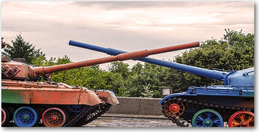 Tulup Glas-Bild - 100x50 -Wandkunst - Wandbild hinter gehärtetem Sicherheitsglas - Fahrzeuge - Zwei Tanks - Mehrfarbig