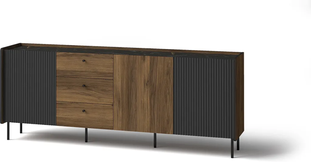 Meuble de rangement 200 cm PERETO 6 pour salon moderne noyer et noir