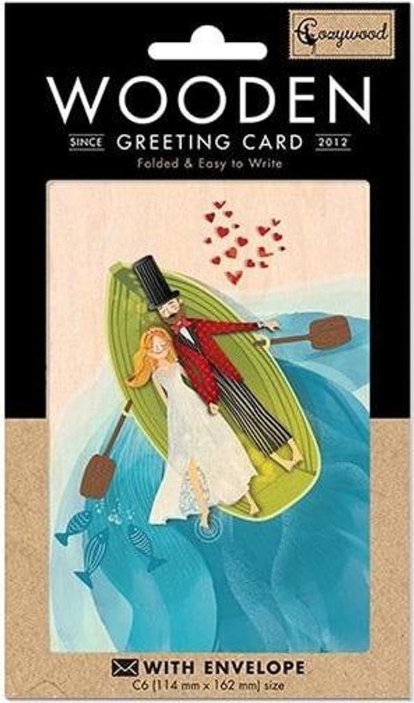 Holzkarte C6 Hochzeitspaar im Boot mit Umschlag