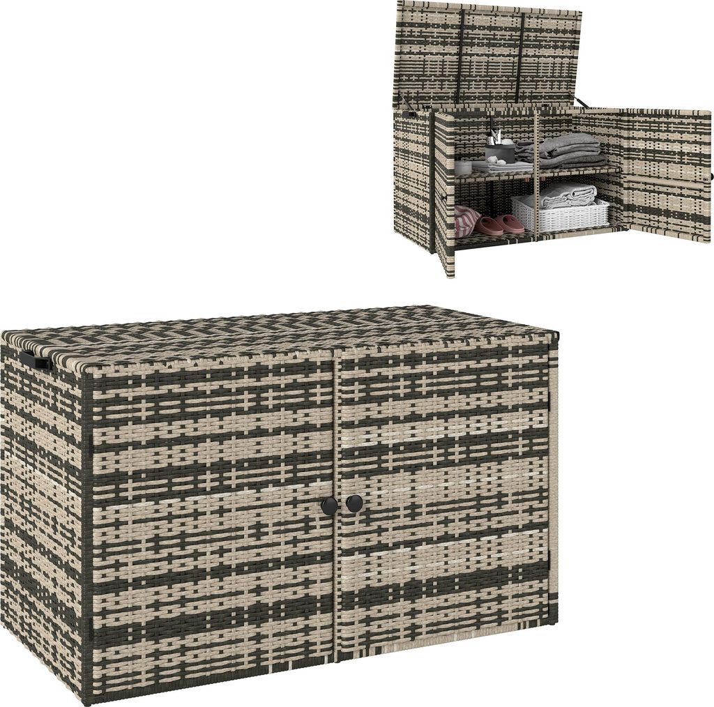 Rattan Auflagenbox 350L 2-Ebenne Kissenbox mit Deckel Hebestangen Tragegriffe 118 x 57 x 69 cm Mischgrau