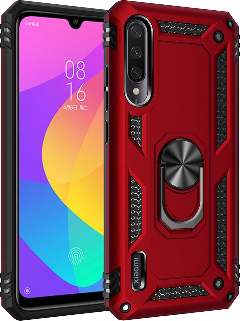 LaimTop Schutzhülle für Xiaomi Mi A3, Dual Layer Robust Militäre Fallschutz Hülle mit Ringhalterung Ständer für Xiaomi Mi A3 Rot