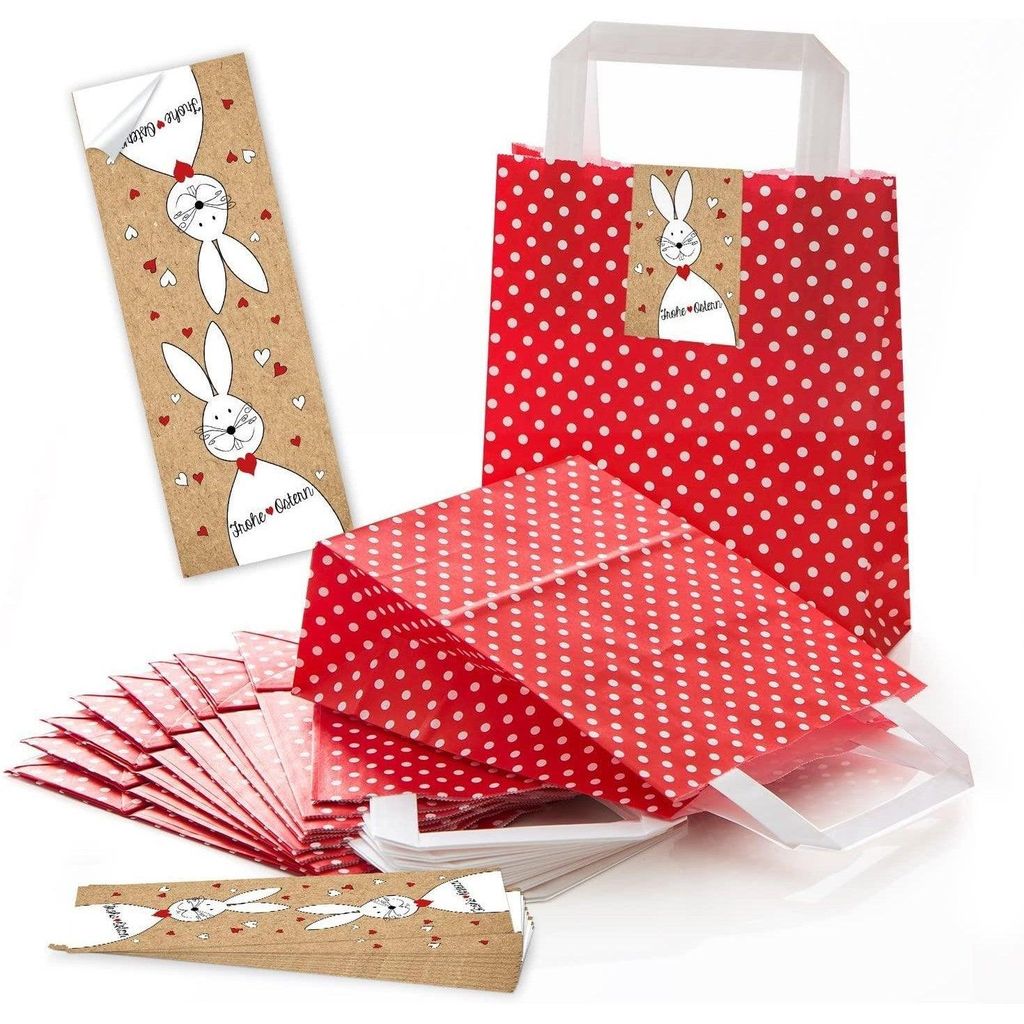Logbuch-Verlag 5 kleine ROTE Papiertüte Geschenktüte mit Henkel gepunktet 18 x 8 x 22 cm + 5 Osternest Osteretiketten 7,2 x 21 cm Text Frohe Oste...