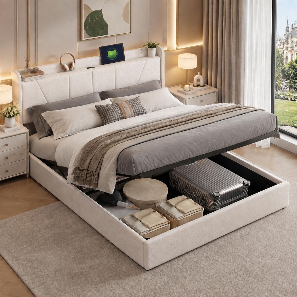 INONEFT, Cama hidráulica de 140 x 200 cm, cama tapizada con Imagen del producto 