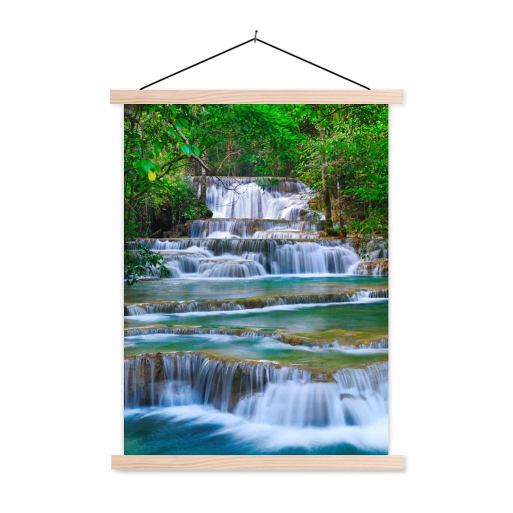 MuchoWow Textilposter Wasserfall - Bäume - Natur - Dschungel 120x160 cm mit holzfarbenen Rahmen - Plakatkarton