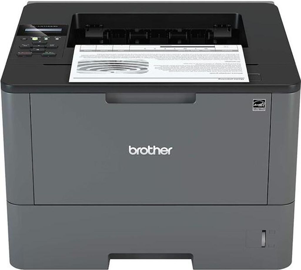 A Brother laser printer is shown from the front, with a document partially fed into the top.