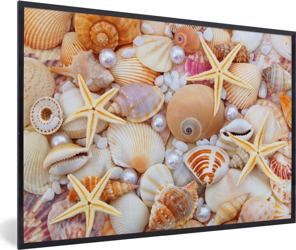 MuchoWow Gerahmtes Poster Muscheln - Perlen - Seesterne - Strand 90x60 cm - Poster mit Schwarzem Bilderrahmen Wandposter Rahmen Foto Bilder - Fot...