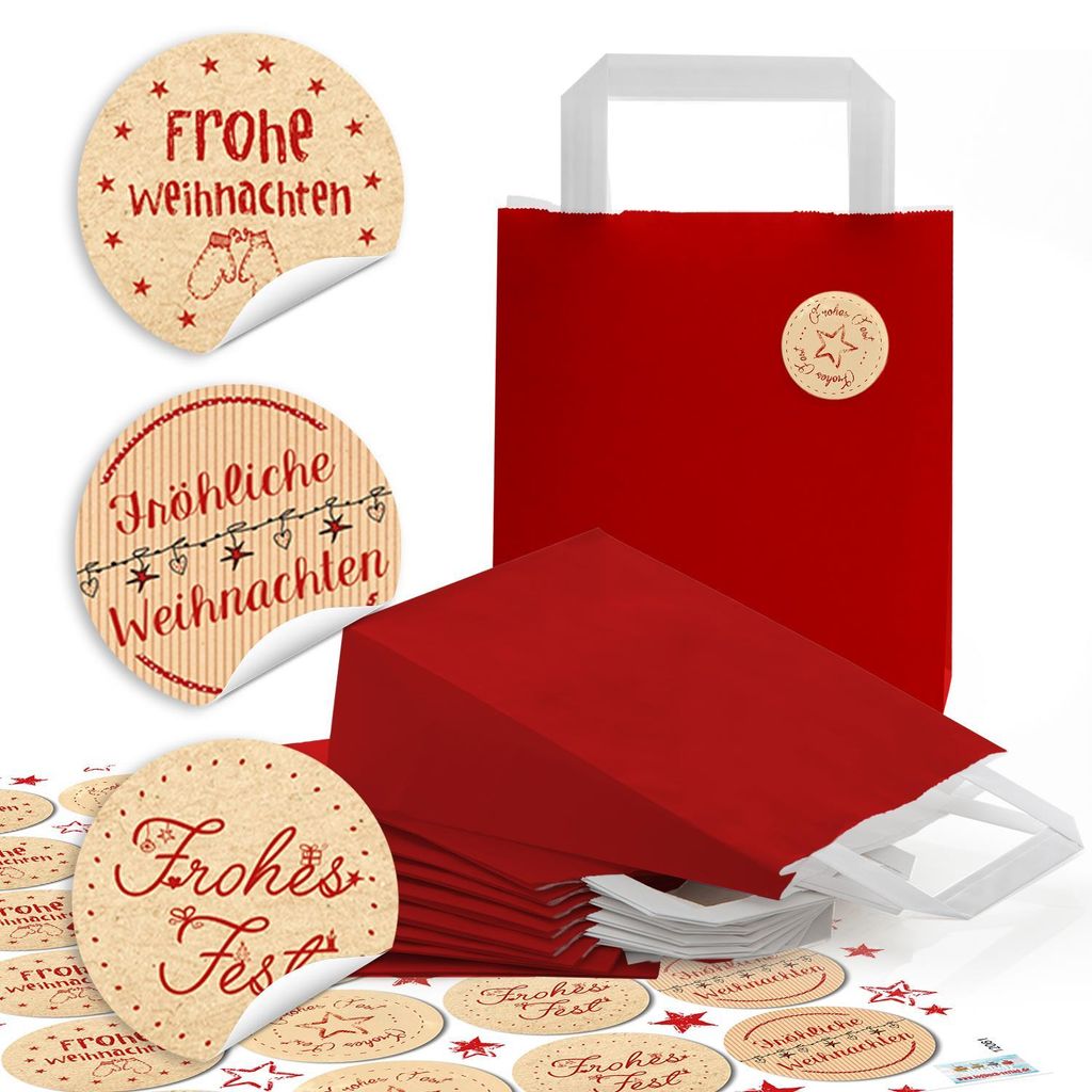24 kleine rote Papiertüten mit Boden und Henkel (18 x 8 x 22 cm) + 24 runde Aufkleber mit 4 cm DurchmesserWeihnachtsaufkleber beige, rot