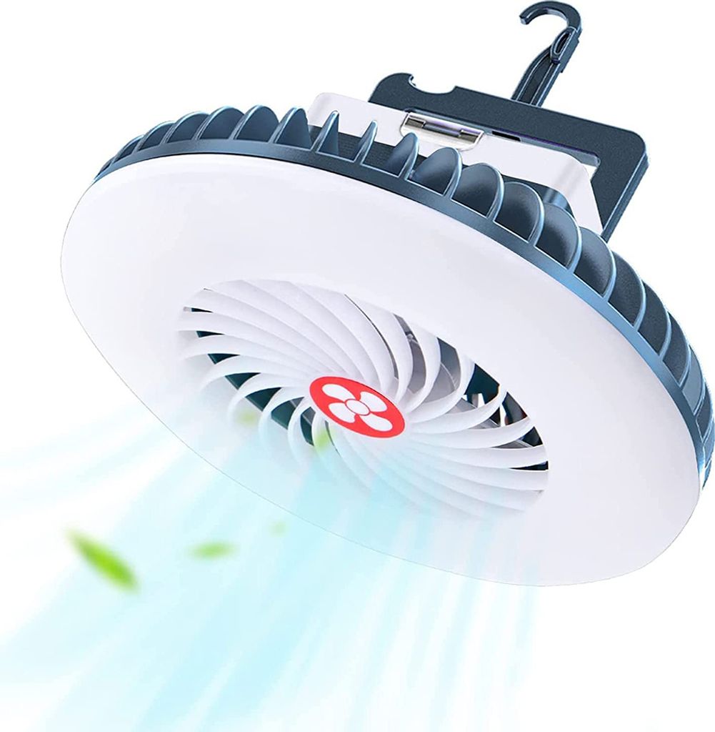 LED Campinglampe Ventilator, Tragbarer Wiederaufladbarer USB Campingventilator mit Magnet und Aufhängehaken, 54 LEDs und Ausgang und Eingang für ...