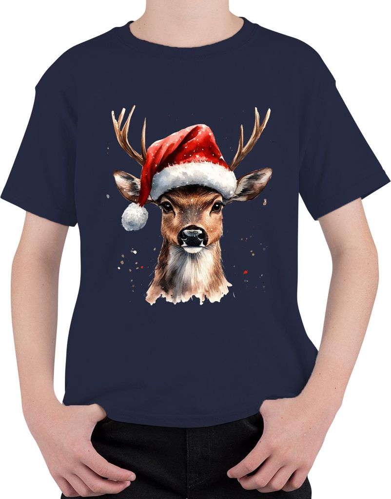 Weihnachtsrentier Aquarell Nikolaushut Geschenk Vintage lustig Uni Kinder T-Shirt, Navy, 104