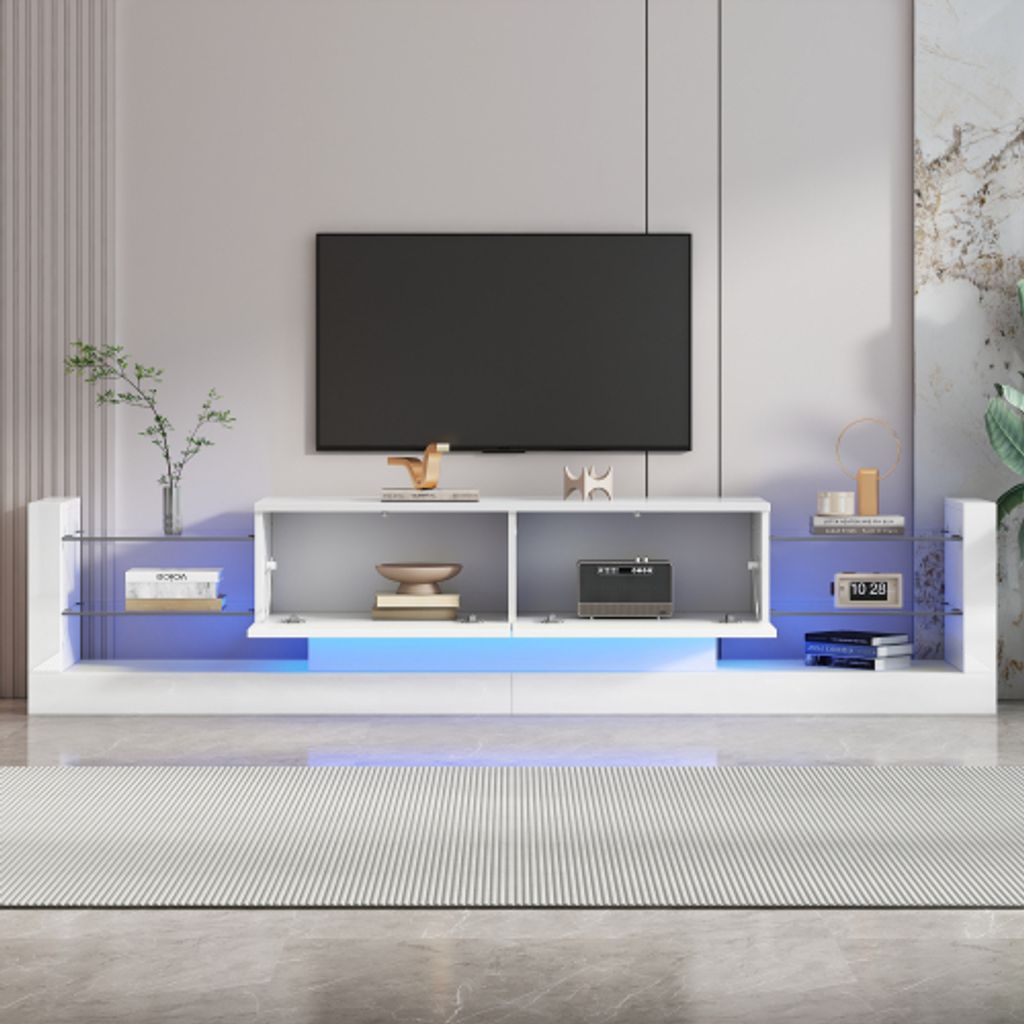 TV-Schrank 181x38x38 cm Weiss Hochglanz mit LED-Beleuchtung Glasfront zwei klappbare Schubladen fuer Fernseher bis 80 Zoll